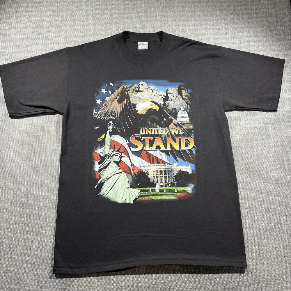 Vintage United We Stand Shirt Mens XL Black Eagle Liberty USA Tee All Sport
